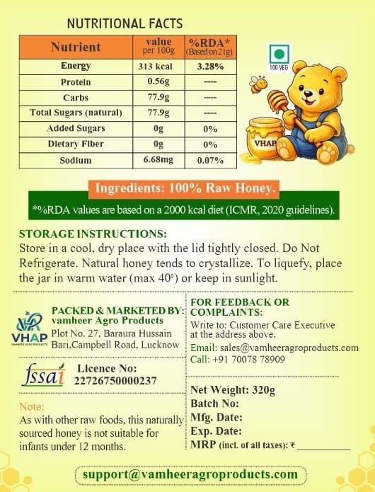 Raw Honey in Regular Bottle 320g — label detail